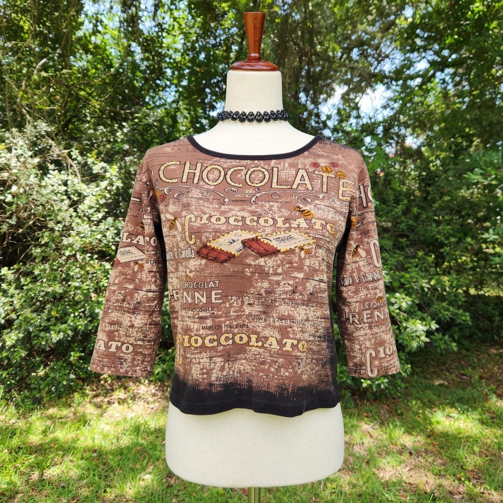 Y2K Euro Trash Top Sz M‎ Brown Cafe Sequins Whimsigoth Grunge All Over Graphic
